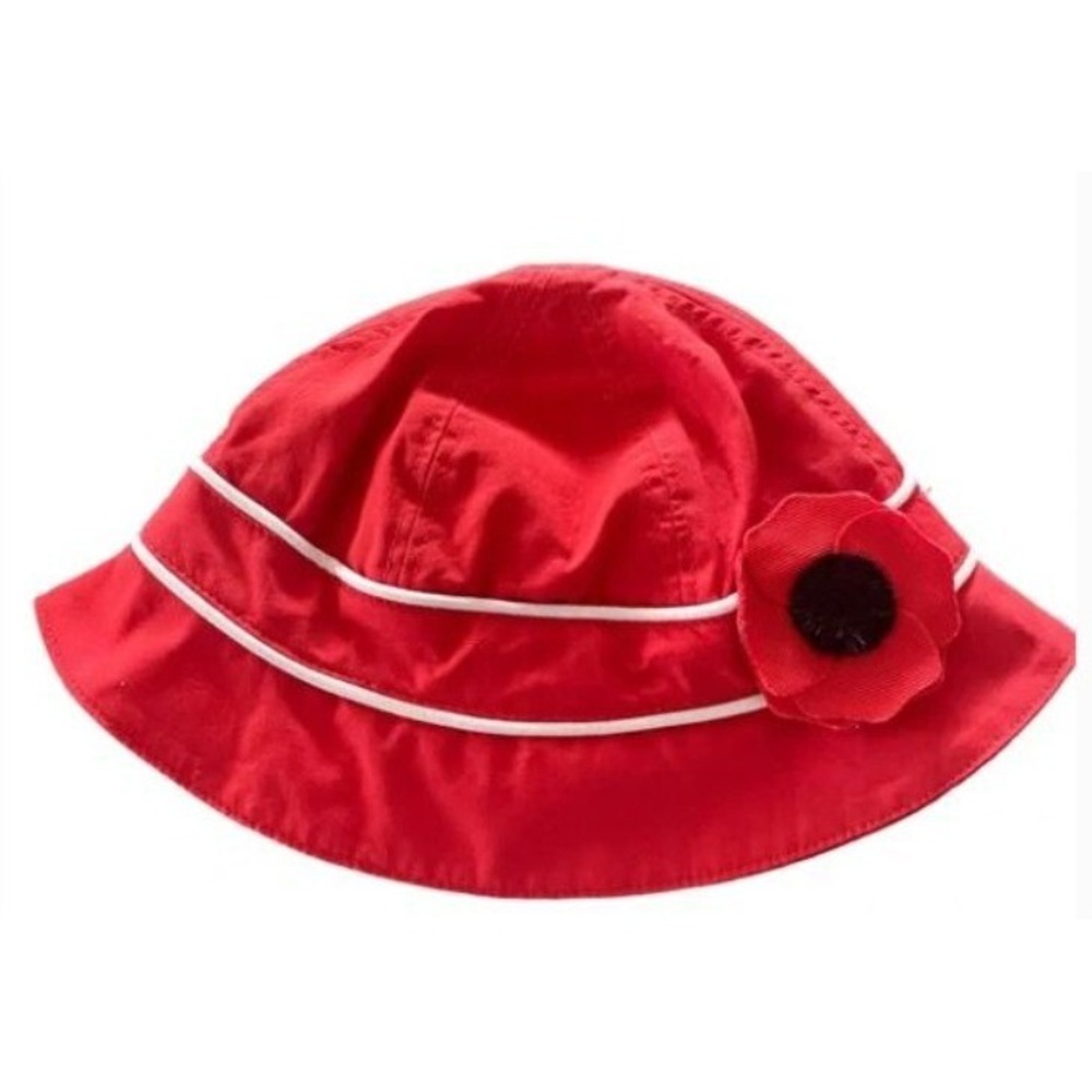 Janie and Jack Bucket Sun Hat Baby 0-6 Months Red Flower Trim Preppy Coastal